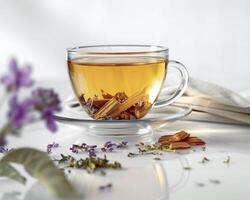 a cup of tea with cinnamon and lavender flowers photo