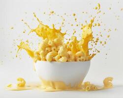a bowl of macaroni and cheese is splashed with milk photo