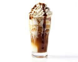 a tall glass of ice cream with caramel sauce photo