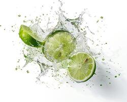lime slice with splash of water on white background photo