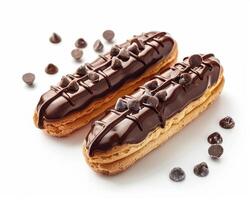 two chocolate covered croissants on a white background photo