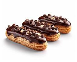 three chocolate covered croissants with chocolate chips photo