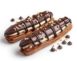 two chocolate covered bananas with nuts on top photo