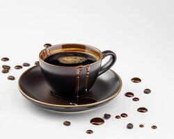 a cup of coffee with coffee beans scattered around it photo
