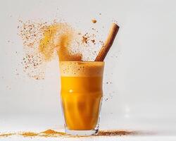 an orange juice with cinnamon sticks and powder photo