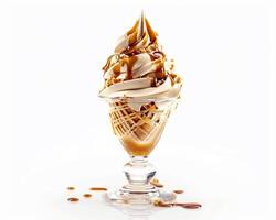 a waffle cone with ice cream and caramel drips photo