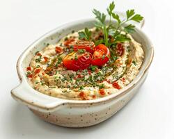 a bowl of hummus with tomatoes and herbs photo