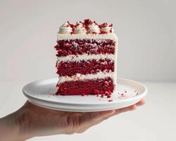 a piece of red velvet cake is being held in a hand photo