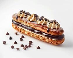 a croissant with chocolate chips on top photo