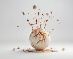 an ice cream ball with chocolate and ice cream splashing out photo
