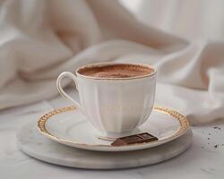 a cup of hot chocolate on a saucer with a chocolate bar photo