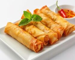 a plate with several spring rolls and a small bowl of sauce photo