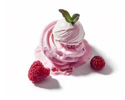 a raspberry ice cream with a mint leaf on top photo