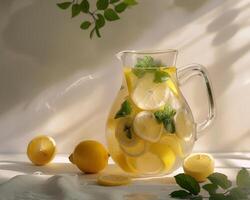 a pitcher of lemonade with lemons on a table photo