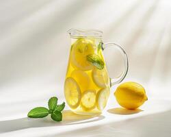 a pitcher of lemonade with a slice of lemon photo