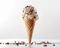 an ice cream cone with chocolate and whipped cream photo