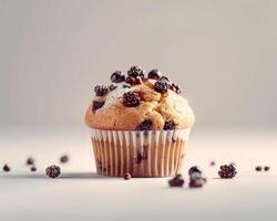 a muffin with blackberries and nuts on a white background photo