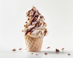 an ice cream cone with chocolate and whipped cream photo
