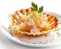 a scallop in a shell with herbs and spices photo