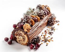 a chocolate log with nuts and berries on top photo