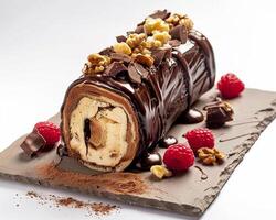 a chocolate roll with nuts and raspberries photo