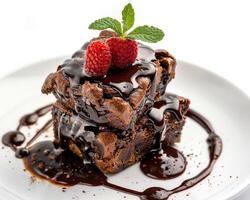 a plate topped with chocolate brownies and a raspberry photo