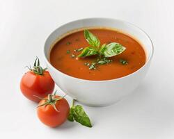 tomato soup in a bowl with two tomatoes on a white background photo