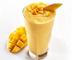 a smoothie with mango and a slice of mango photo