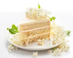 a piece of cake with white flowers on a plate photo