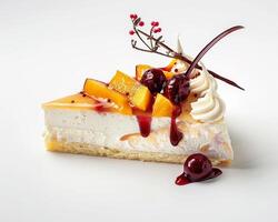 a piece of cake with fruit and cherries on top photo