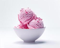 three scoops of pink ice cream in a white bowl photo