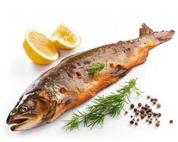 a fish with lemon and herbs on a white background photo