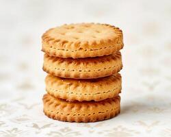 a stack of three biscuits sitting on top of a floral patterned tablecloth photo