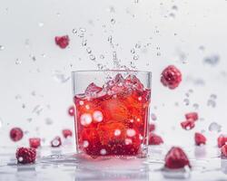 a glass of raspberry juice with water splashing on it photo
