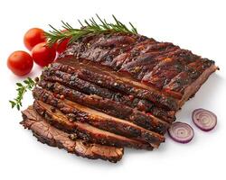 a sliced piece of meat with tomatoes and herbs photo