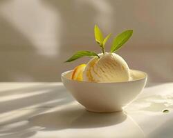 a bowl of ice cream with a slice of lemon photo