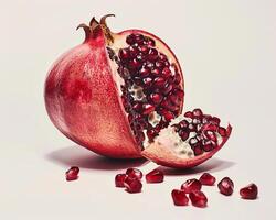 a pomegranate is cut in half and has seeds scattered on the table photo