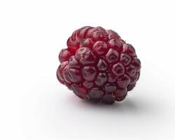a smoothie with berries and raspberries falling into it photo