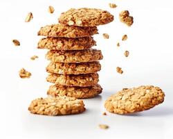 a stack of oatmeal cookies on a white background photo