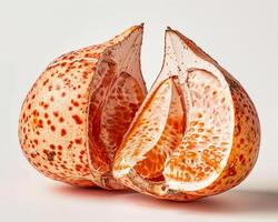 a cut open orange with a white background photo
