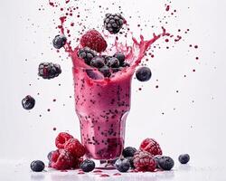 a glass of raspberry smoothie with berries splashing into it photo