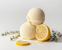 three scoops of ice cream with lemon slices photo