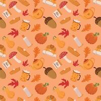 Autumn cozy elements seamless pattern with acorn leaves pumpkin candle mushroom cocoa pie swe vector