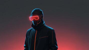 Silhouette of a faceless futurist with neon light elements, minimal light gray background, blank space for text. photo