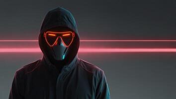 Silhouette of a faceless futurist with neon light elements, minimal light gray background, blank space for text. photo