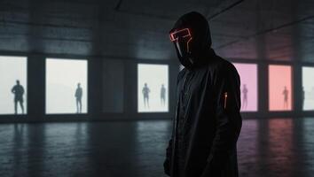 Silhouette of a faceless futurist with neon light elements, minimal light gray background, blank space for text. photo