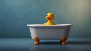 Rubber yellow duck in small bathtub on blue background Space for copy. photo