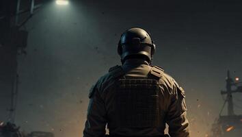 The fighter of the special unit turned and threateningly looks at the enemy Back view with copy space. photo