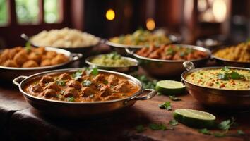 Indian food buffet with different dishes on wooden table photo