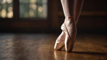 A woman's legs in pointe shoes on a wooden floor photo